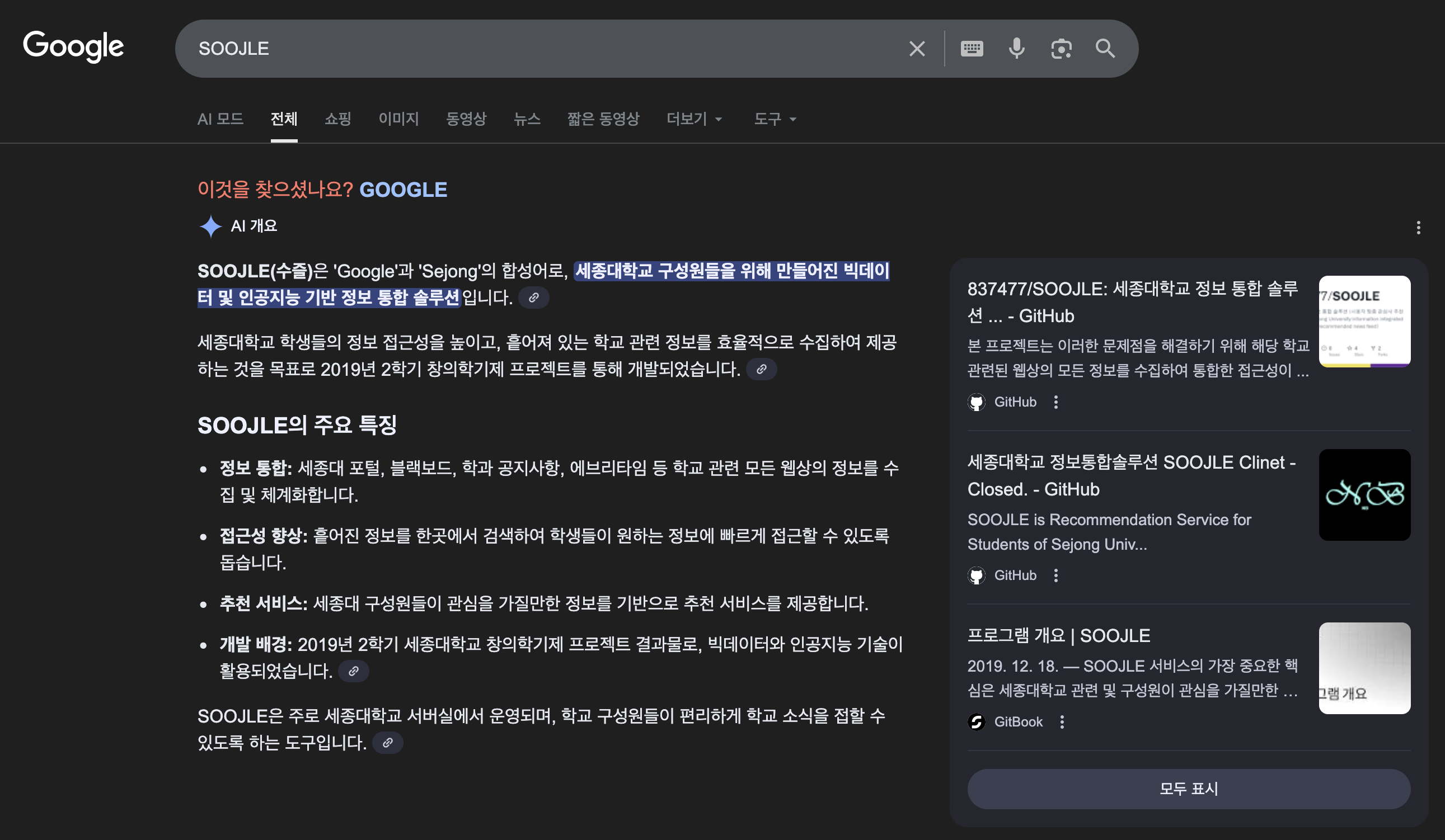 Google 검색 결과 — SOOJLE AI 개요 노출